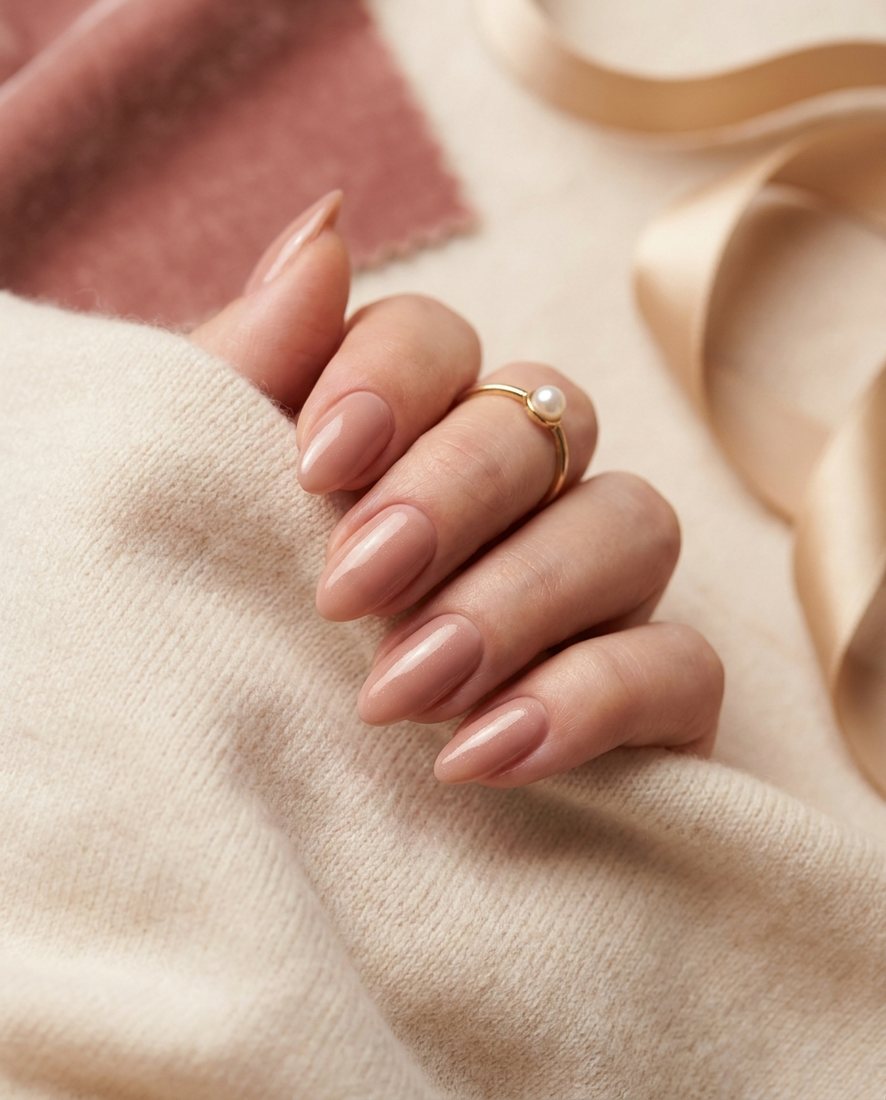 Verzorgde manicure met een nette, glanzende nude-roze gellak