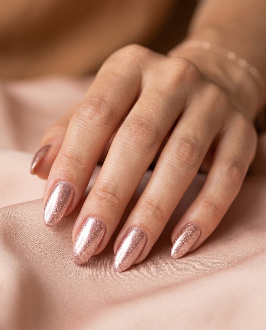 Manicure met een subtiele rosé-gouden glitterfinish