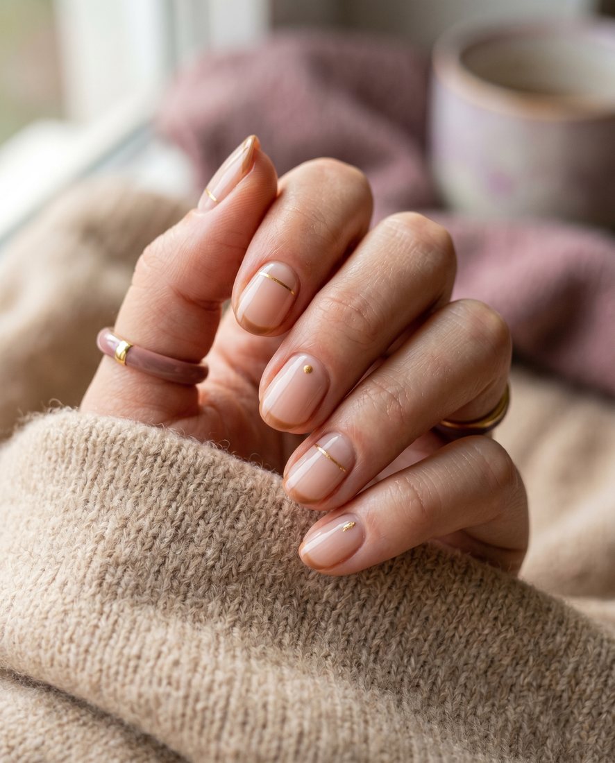 Manicure met subtiele gouden lijndetails en een zachte nude afwerking